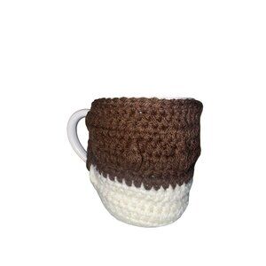 Handmade White Ceramic Mug With Brown & Cream Crochet Cozy